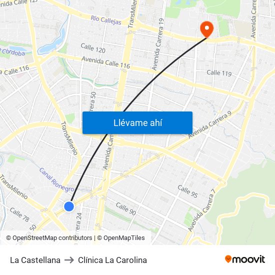 La Castellana to Clínica La Carolina map