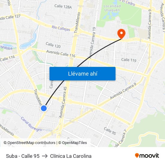 Suba - Calle 95 to Clínica La Carolina map