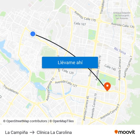La Campiña to Clínica La Carolina map