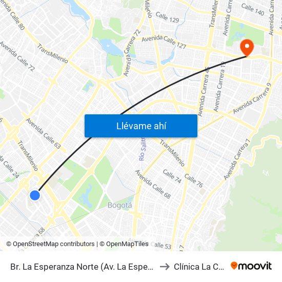 Br. La Esperanza Norte (Av. La Esperanza - Kr 69d) to Clínica La Carolina map