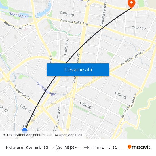 Estación Avenida Chile (Av. NQS - Cl 71c) to Clínica La Carolina map