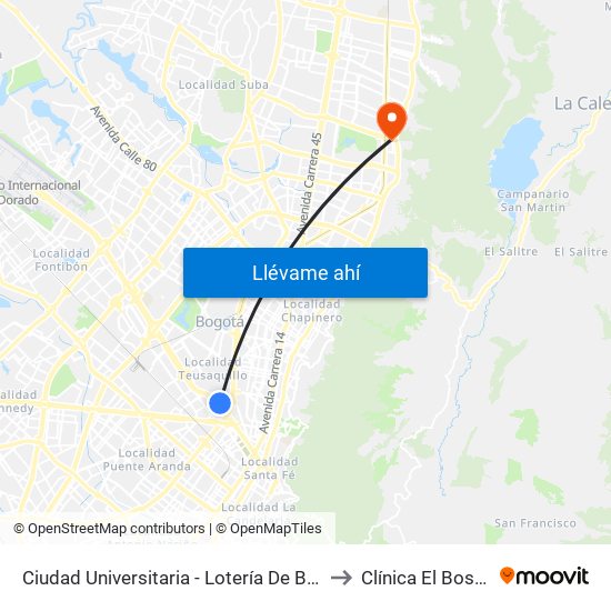 Ciudad Universitaria - Lotería De Bogotá to Clínica El Bosque map
