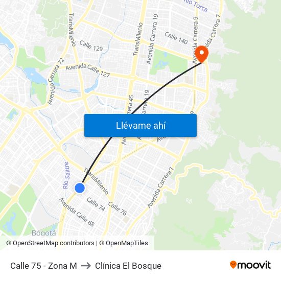 Calle 75 - Zona M to Clínica El Bosque map