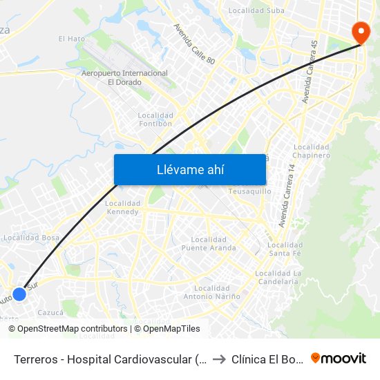 Terreros - Hospital Cardiovascular (Lado Sur) to Clínica El Bosque map