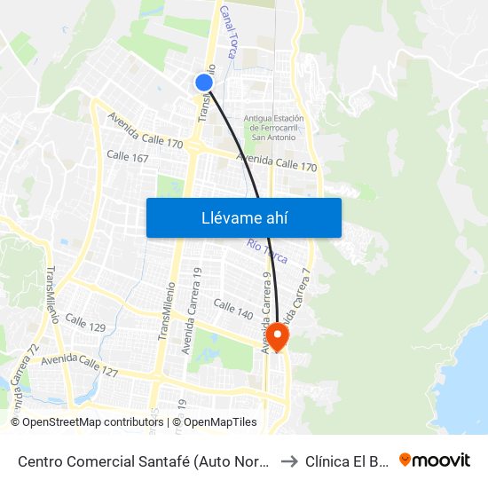 Centro Comercial Santafé (Auto Norte - Cl 187) (B) to Clínica El Bosque map