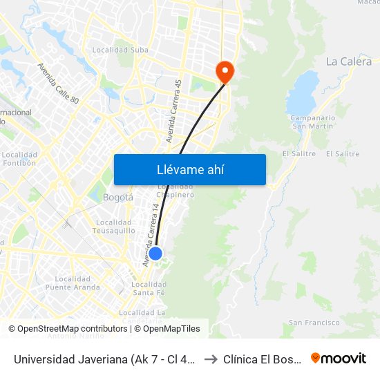 Universidad Javeriana (Ak 7 - Cl 40) (B) to Clínica El Bosque map