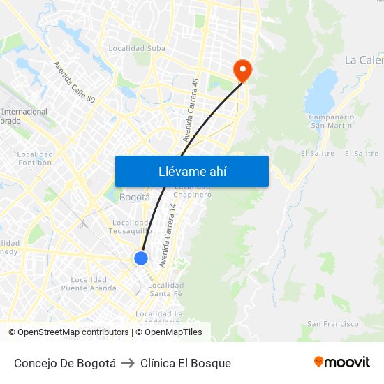 Concejo De Bogotá to Clínica El Bosque map