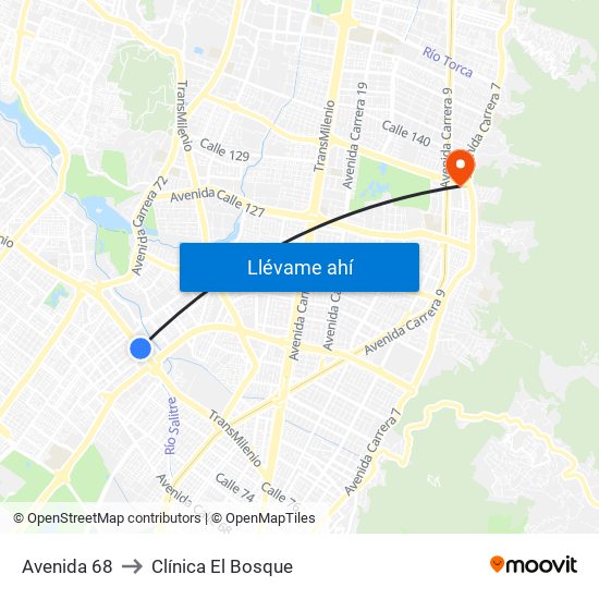 Avenida 68 to Clínica El Bosque map