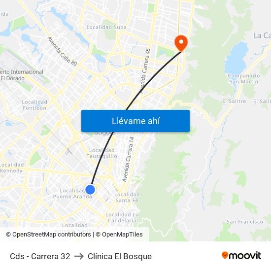 Cds - Carrera 32 to Clínica El Bosque map