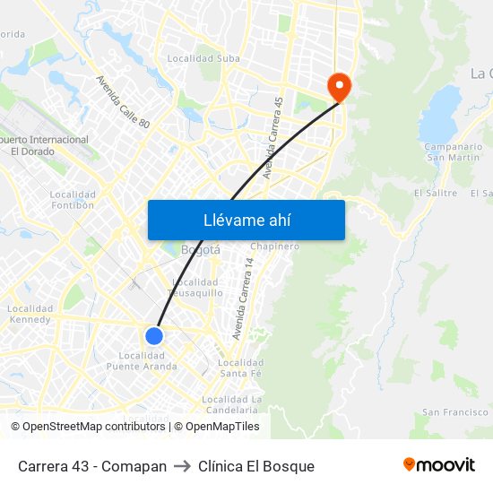 Carrera 43 - Comapan to Clínica El Bosque map