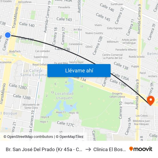 Br. San José Del Prado (Kr 45a - Cl 137) to Clínica El Bosque map