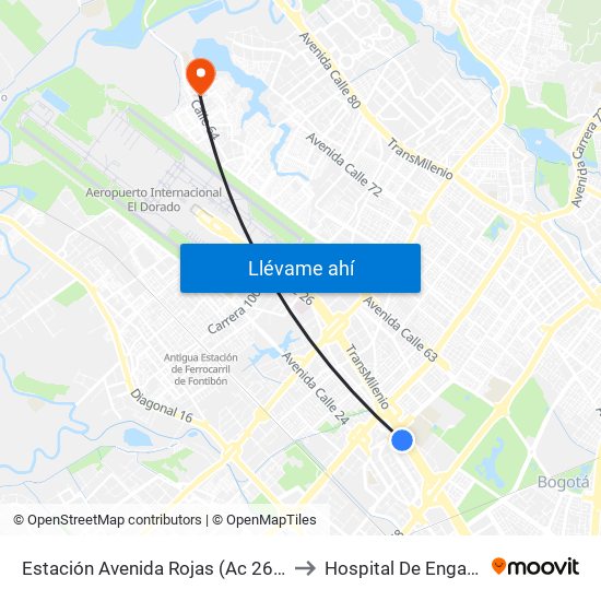 Estación Avenida Rojas (Ac 26 - Kr 69d Bis) (B) to Hospital De Engativá Emaús map