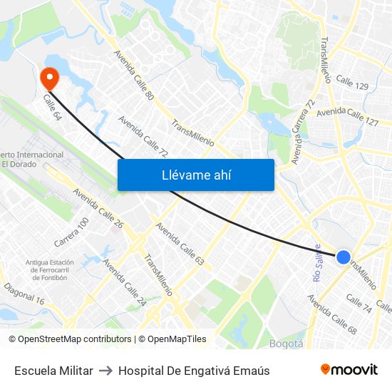 Escuela Militar to Hospital De Engativá Emaús map