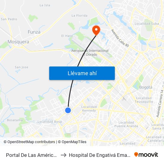 Portal De Las Américas to Hospital De Engativá Emaús map