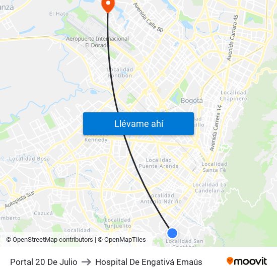 Portal 20 De Julio to Hospital De Engativá Emaús map
