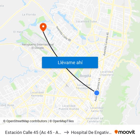 Estación Calle 45 (Ac 45 - Av. Caracas) to Hospital De Engativá Emaús map
