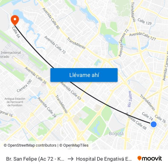 Br. San Felipe (Ac 72 - Kr 17) to Hospital De Engativá Emaús map