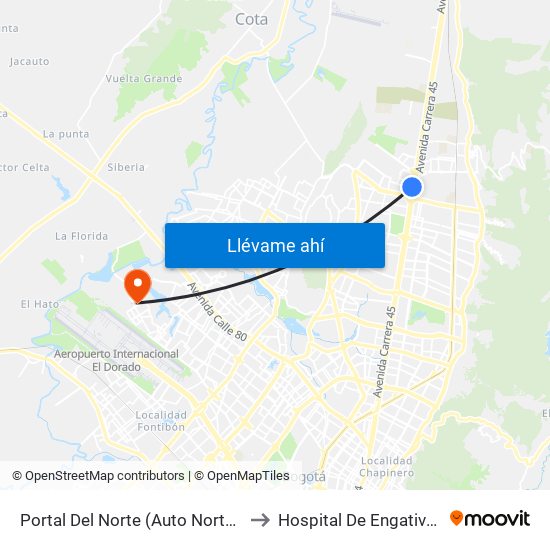 Portal Del Norte (Auto Norte - Cl 174a) to Hospital De Engativá Emaús map