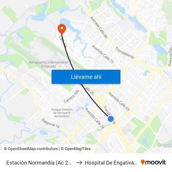 Estación Normandía (Ac 26 - Kr 74) to Hospital De Engativá Emaús map