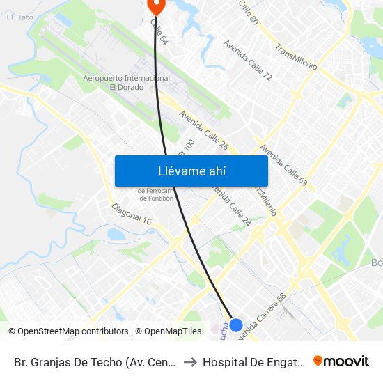 Br. Granjas De Techo (Av. Centenario - Kr 65) to Hospital De Engativá Emaús map