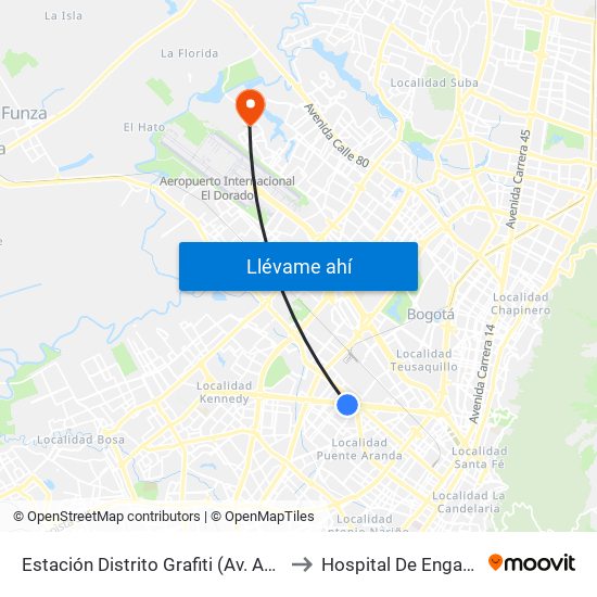 Estación Distrito Grafiti (Av. Américas - Kr 53a) to Hospital De Engativá Emaús map