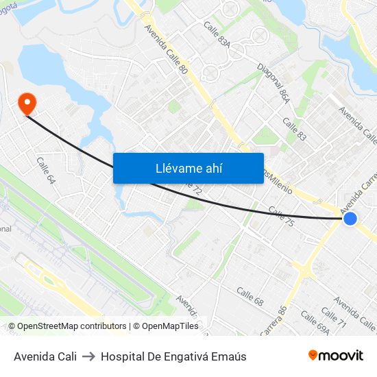 Avenida Cali to Hospital De Engativá Emaús map