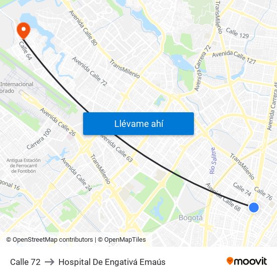 Calle 72 to Hospital De Engativá Emaús map