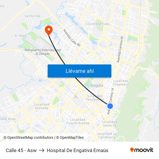 Calle 45 - Asw to Hospital De Engativá Emaús map