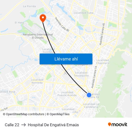 Calle 22 to Hospital De Engativá Emaús map