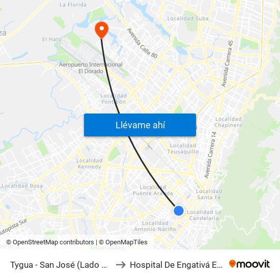 Tygua - San José (Lado Norte) to Hospital De Engativá Emaús map