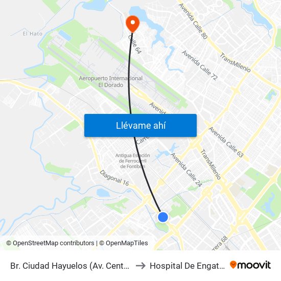 Br. Ciudad Hayuelos (Av. Centenario - Kr 78g) to Hospital De Engativá Emaús map