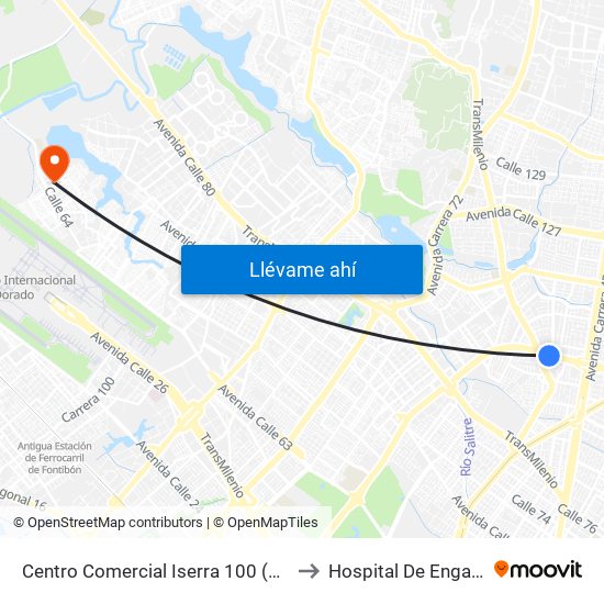 Centro Comercial Iserra 100 (Ac 100 - Kr 54) (B) to Hospital De Engativá Emaús map