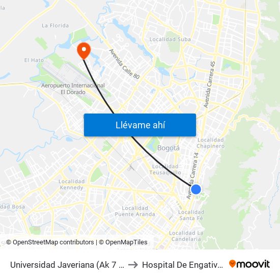 Universidad Javeriana (Ak 7 - Cl 40) (B) to Hospital De Engativá Emaús map