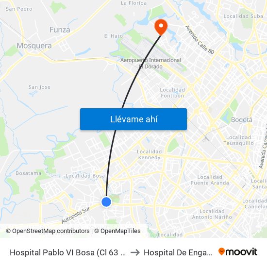 Hospital Pablo VI Bosa (Cl 63 Sur - Kr 77g) (A) to Hospital De Engativá Emaús map