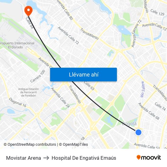 Movistar Arena to Hospital De Engativá Emaús map