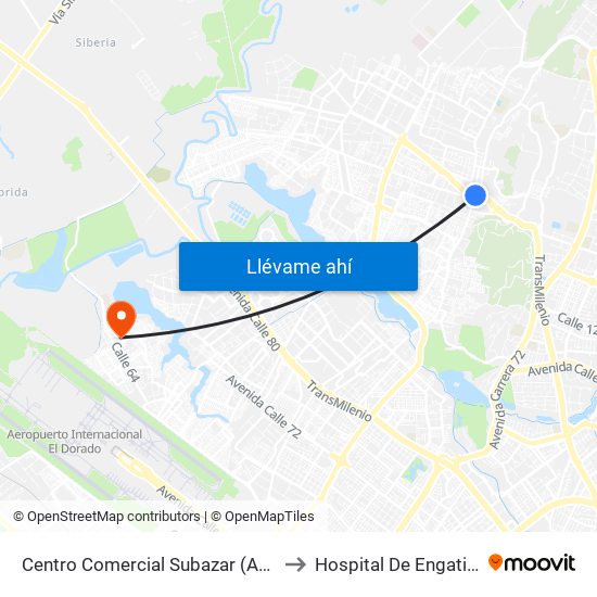 Centro Comercial Subazar (Av. Suba - Kr 91) to Hospital De Engativá Emaús map