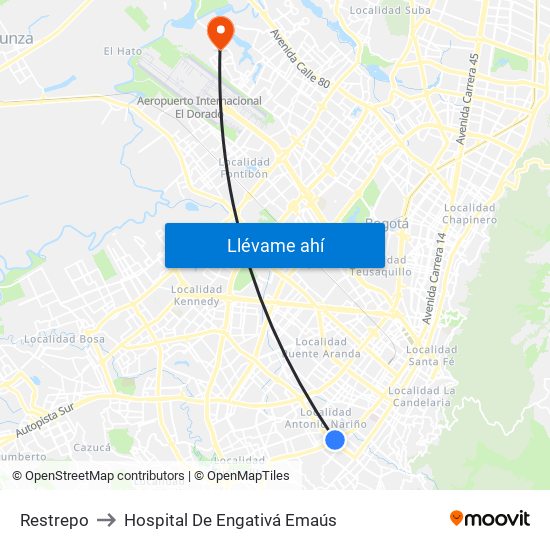 Restrepo to Hospital De Engativá Emaús map