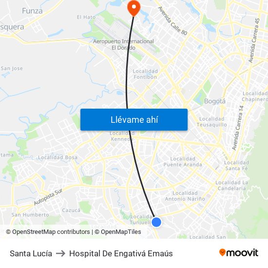 Santa Lucía to Hospital De Engativá Emaús map