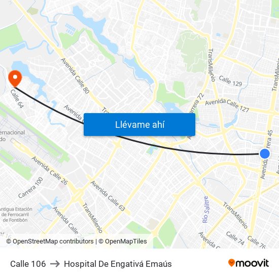 Calle 106 to Hospital De Engativá Emaús map