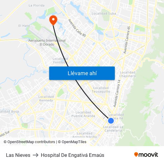 Las Nieves to Hospital De Engativá Emaús map