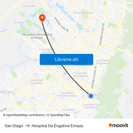 San Diego to Hospital De Engativá Emaús map