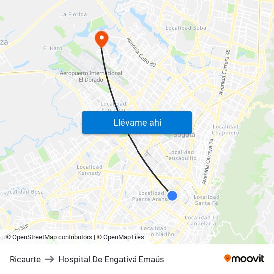 Ricaurte to Hospital De Engativá Emaús map