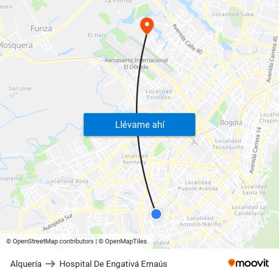 Alquería to Hospital De Engativá Emaús map