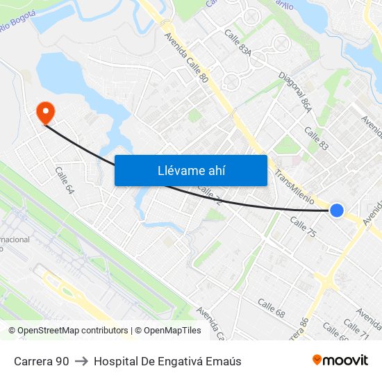 Carrera 90 to Hospital De Engativá Emaús map