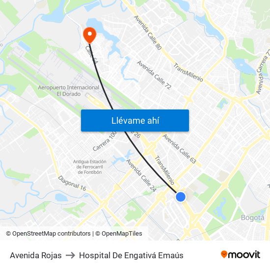 Avenida Rojas to Hospital De Engativá Emaús map