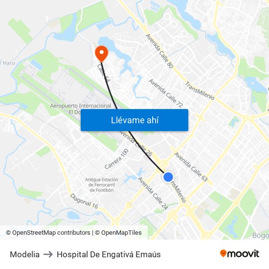 Modelia to Hospital De Engativá Emaús map