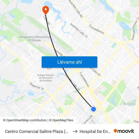 Centro Comercial Salitre Plaza (Av. La Esperanza - Kr 68a) to Hospital De Engativá Emaús map