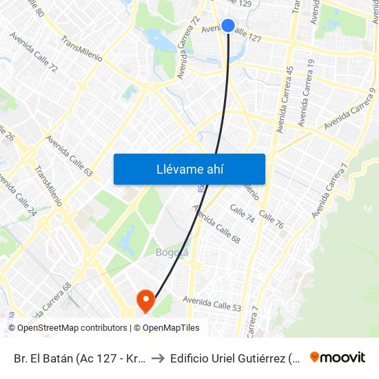 Br. El Batán (Ac 127 - Kr 57) to Edificio Uriel Gutiérrez (861) map