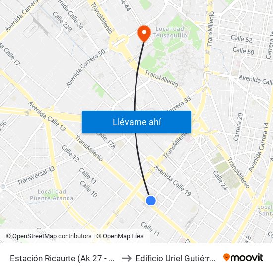 Estación Ricaurte (Ak 27 - Ac 13) (A) to Edificio Uriel Gutiérrez (861) map