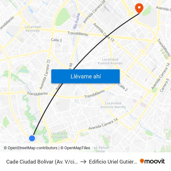 Cade Ciudad Bolívar (Av. V/cio - Tv 34) (B) to Edificio Uriel Gutiérrez (861) map